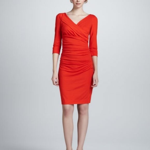 Diane von Furstenberg Bentley Three-Quarter-Sleeve Ruched Dress Blood Orange - S - Picture 2 of 10